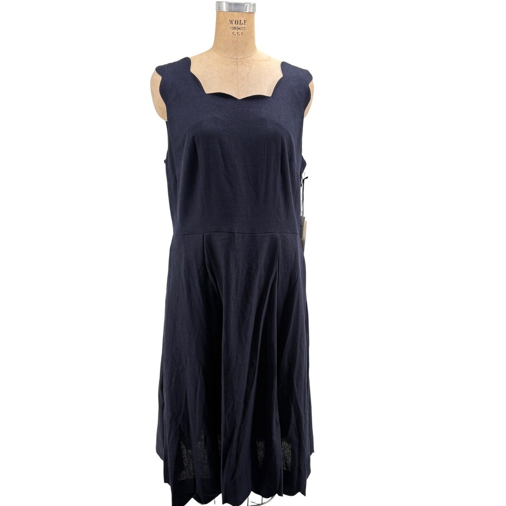 Forcynthia Navy Blue Linen Blend Scalloped Midi Dress Womens L NWT Sleeveless